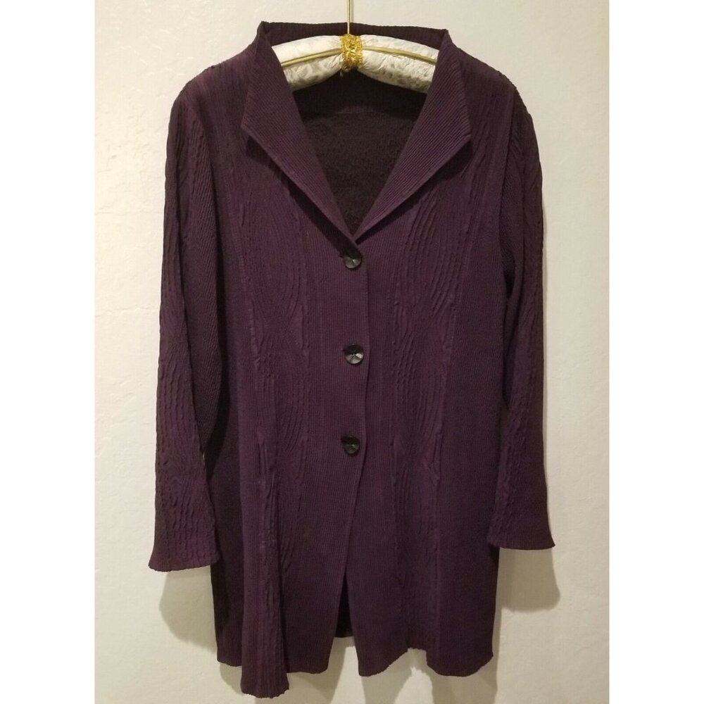 Flair Women's Large Purple Textured Crinkle Button-Front Cardigan Sweater Tunic
